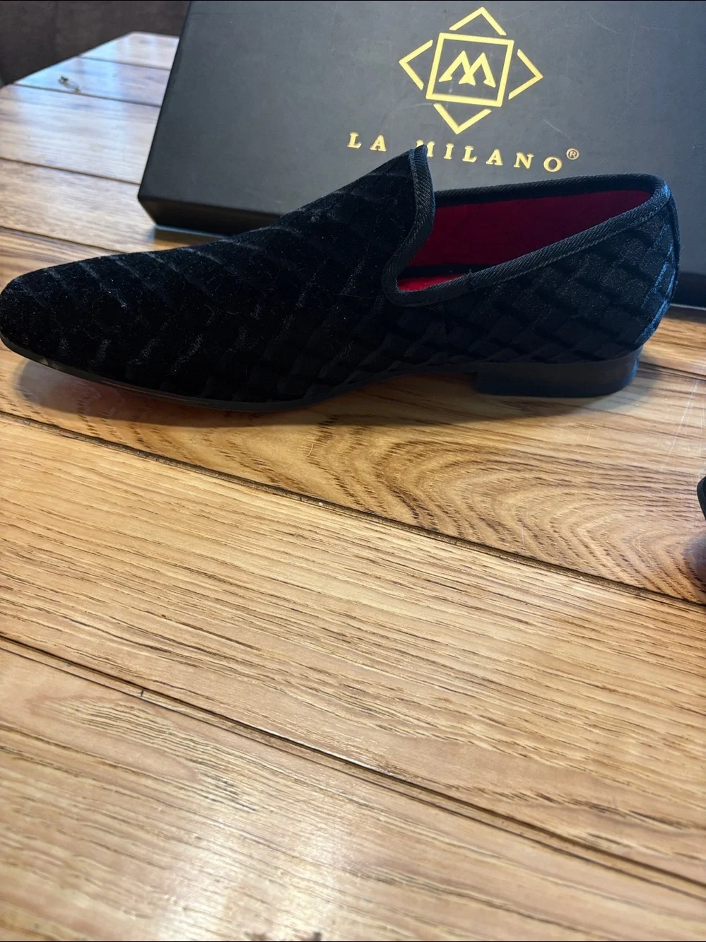Milano Black Velvet Slip-On Loafers with Red Quilted Lining